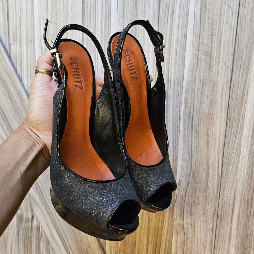 Schutz Glitter Peep Toe Platform Slingback